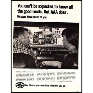 1970 AAA Road Trip Signs Vintage Print Ad Couple Steel Dash Trip Planning Art